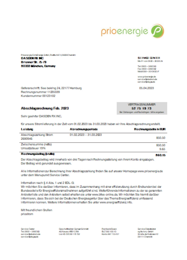 Prioenergie proof of address utility business bill,  SCR PSD template
